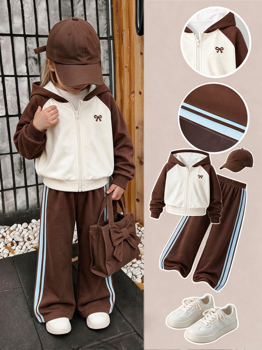 Young Girls 2 Pcs Fall Outfits Color Block Bow Embroidered Hooded Zip-Up Sweatshirt & Wide Leg Pants , Fall Winter - Brown - View 1