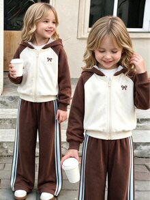 Young Girls 2 Pcs Fall Outfits Color Block Bow Embroidered Hooded Zip-Up Sweatshirt & Wide Leg Pants , Fall Winter - Brown - View 4