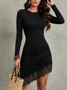 Franclia Women's Solid-Color Crew Neck Long-Sleeve Dress With Asymmetric Hem And Lace Detail - Black - View 5