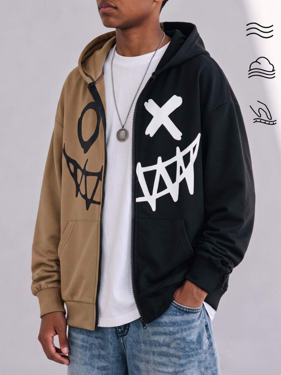 SHEIN Tween Boy Expression Print Two Tone Sweatshirt Without Tee Autumn Fall - Multicolor - View 1