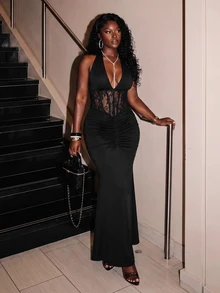 Slaydiva Shimmer Halter Corset Maxi Dress | Ruched Mermaid Floor Length Formal Gown For Evening Party & Nightclub Wear-A - Black - View 3