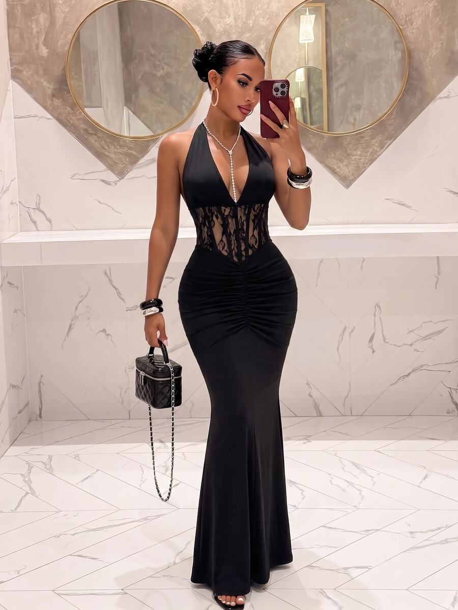 Slaydiva فستان ماكسي لامع بحمالة رقبة وكورسيه | فستان سهرة رسمي بطول الأرض بتصميم ذيل السمكة مجعد لحفلات المساء وارتداء النوادي الليلية-A