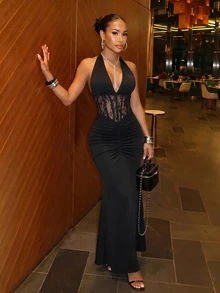 Slaydiva Shimmer Halter Corset Maxi Dress | Ruched Mermaid Floor Length Formal Gown For Evening Party & Nightclub Wear-A - Black - View 2