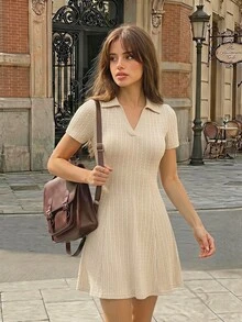 SHEIN MOD 復古優雅法式粉色荷葉領針織迷你洋裝－學院風、70年代、休閒、通勤、早午餐、夏季、萬聖節、學校、茶會 - 卡其色 - 查看 3