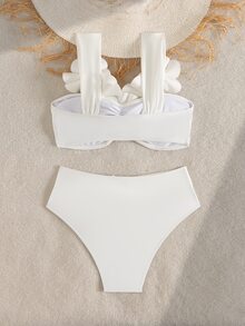 SHEIN Swim 针织立体花卉比基尼套装，性感沙滩泳池派对装扮，适合度假、新年、圣诞节、夏季 - 白色 - 查看 2