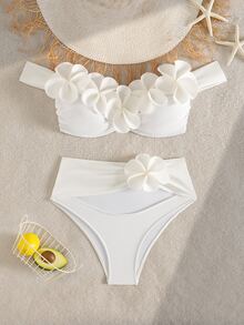 SHEIN Swim 针织立体花卉比基尼套装，性感沙滩泳池派对装扮，适合度假、新年、圣诞节、夏季 - 白色 - 查看 7
