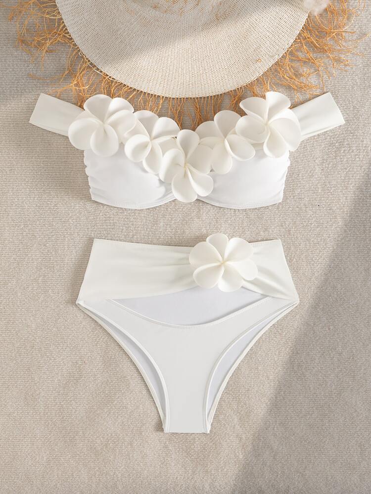 SHEIN Swim 针织立体花卉比基尼套装，性感沙滩泳池派对装扮，适合度假、新年、圣诞节、夏季 - 白色 - 查看 8