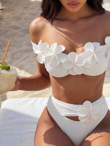 SHEIN Swim 针织立体花卉比基尼套装，性感沙滩泳池派对装扮，适合度假、新年、圣诞节、夏季 - 白色 - 查看 1