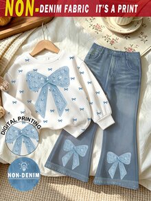 SHEIN 1 Set Bow Pattern Sweatshirt Outfit, Suitable For 4-7 Years Old Girls In Autumn/Winter, Comfortable Cute Casual Everyday Style - Multicolor - View 4