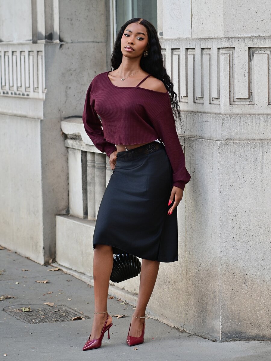 Mima John Women's Asymmetric Shoulder T-Shirt,Minimalist Chic Burgundy Long Sleeve Crop Tops,Autumn Fall Clothes For Night Out,Fashion Design Summer Tops - Red Violet - View 1