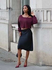Mima John Women's Asymmetric Shoulder T-Shirt,Minimalist Chic Burgundy Long Sleeve Crop Tops,Autumn Fall Clothes For Night Out,Fashion Design Summer Tops - Red Violet - View 4