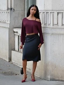 Mima John Women's Asymmetric Shoulder T-Shirt,Minimalist Chic Burgundy Long Sleeve Crop Tops,Autumn Fall Clothes For Night Out,Fashion Design Summer Tops - Red Violet - View 3