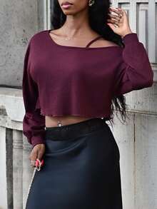 Mima John Women's Asymmetric Shoulder T-Shirt,Minimalist Chic Burgundy Long Sleeve Crop Tops,Autumn Fall Clothes For Night Out,Fashion Design Summer Tops - Red Violet - View 6