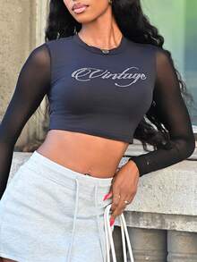 Mima John Rhinestone Letter Pattern Contrast Mesh Black CropTee - Black - View 7