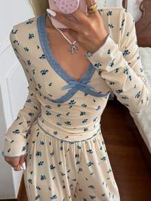 CottageSlumber Blue Ditsy Floral Sexy Lace Bow Long Sleeve Pants Pajama Set 2pcs - Apricot - View 3