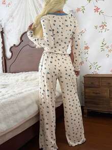CottageSlumber Blue Ditsy Floral Sexy Lace Bow Long Sleeve Pants Pajama Set 2pcs - Apricot - View 2