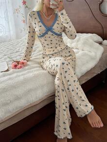 CottageSlumber Blue Ditsy Floral Sexy Lace Bow Long Sleeve Pants Pajama Set 2pcs - Apricot - View 1