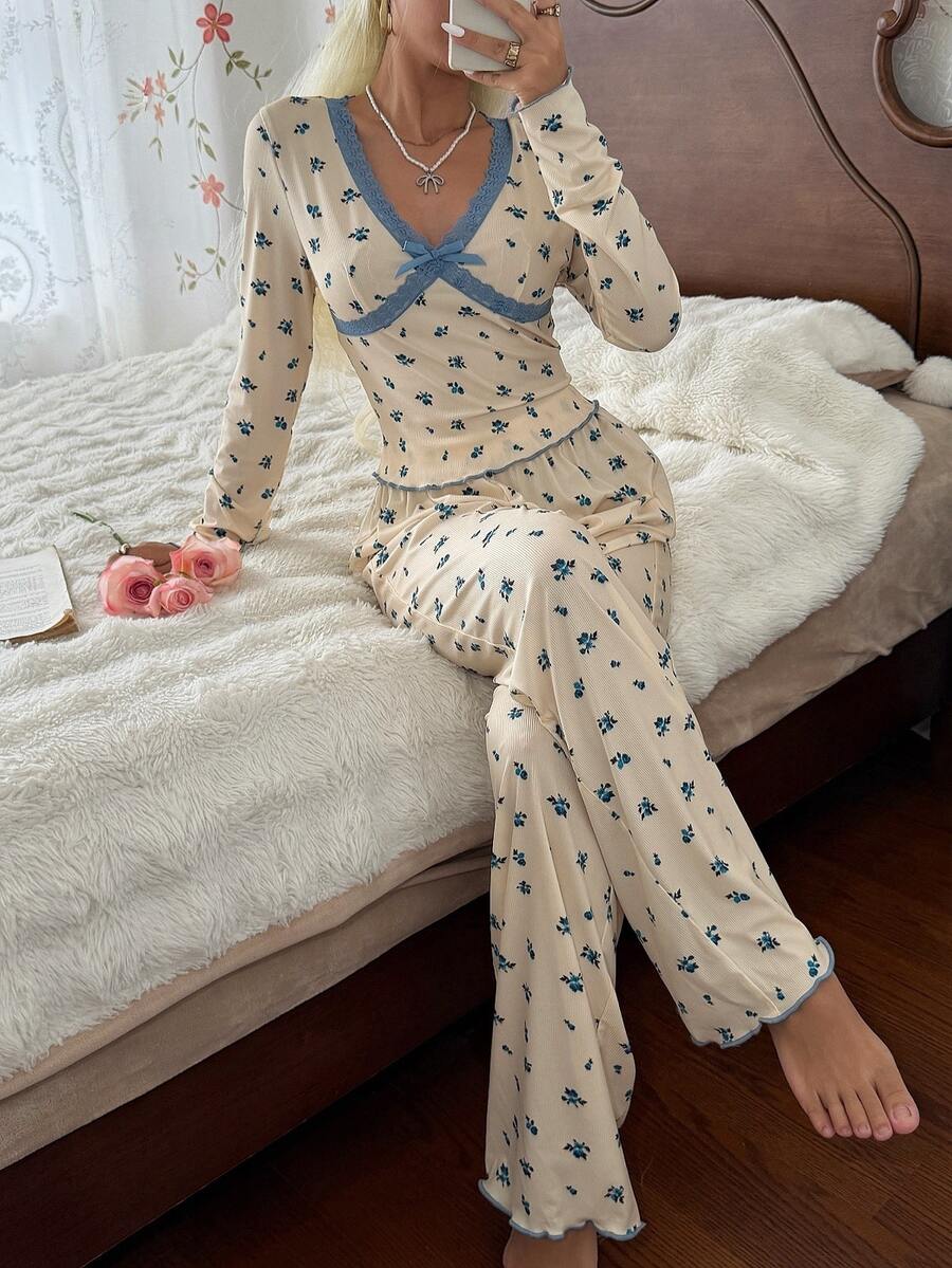 CottageSlumber Blue Ditsy Floral Sexy Lace Bow Long Sleeve Pants Pajama Set 2pcs - Apricot - View 1
