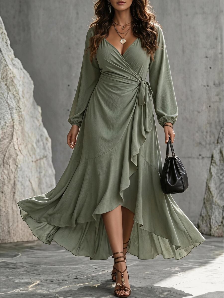 Ceyna Plus Size Women's Elegant Boho Solid Color Ruffle Wrap Tie Long Sleeve Spring Autumn Dress Birthday Wedding Guest Birthday Sage Green - Army Green - View 1