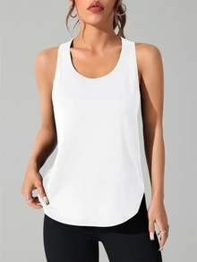Solea Cove Solea Cove Women's Solid Color Round Neck Mesh Casual Sports Tee Workout Tank Top - White - View 6