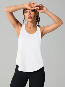 Solea Cove Solea Cove Women's Solid Color Round Neck Mesh Casual Sports Tee Workout Tank Top - White - View 4