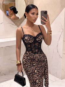 Slaydiva Leopard Corset Lace Midi Dress | Ruched Slit Bodycon Slip Dress For Club Party & Evening Night Out Wear-A - Multicolor - View 11