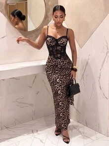 Slaydiva Leopard Corset Lace Midi Dress | Ruched Slit Bodycon Slip Dress For Club Party & Evening Night Out Wear-A - Multicolor - View 10