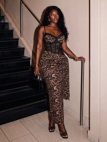 Slaydiva Leopard Corset Lace Midi Dress | Ruched Slit Bodycon Slip Dress For Club Party & Evening Night Out Wear-A - Multicolor - View 6