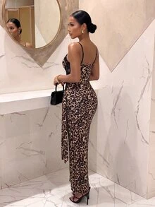 Slaydiva Leopard Corset Lace Midi Dress | Ruched Slit Bodycon Slip Dress For Club Party & Evening Night Out Wear-A - Multicolor - View 3