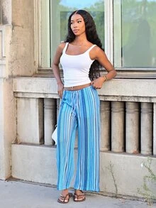 Mima John Colorful Striped Fabric Straight Leg Casual Relaxed Versatile Low-Waist Sexy Beach Vacation Style Women Pants - Multicolor - View 5