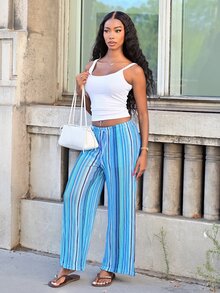 Mima John Colorful Striped Fabric Straight Leg Casual Relaxed Versatile Low-Waist Sexy Beach Vacation Style Women Pants - Multicolor - View 3