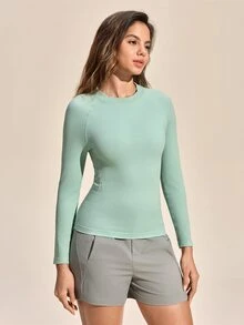 SHEIN Sports 女士纯色圆领舒适百搭日常跑步户外紧身长袖T恤 - 綠色 - 查看 8