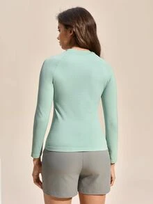 SHEIN Sports 女士纯色圆领舒适百搭日常跑步户外紧身长袖T恤 - 綠色 - 查看 2