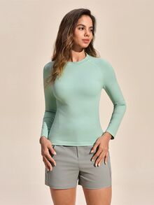 SHEIN Sports 女士纯色圆领舒适百搭日常跑步户外紧身长袖T恤 - 綠色 - 查看 4