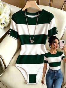 SHEIN Franclia 女款綠色與白色圓領鈕扣裝飾短袖連身衣，適合通勤、辦公室正式場合、日常夏季休閒穿著 - 墨綠色 - 查看 4