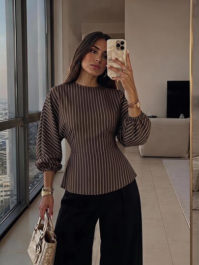 Firerie Women's New Minimalist Elegant Romantic Casual Urban Commute Fashion Versatile Brown Striped Round Neck Batwing Long Sleeve Cinched Waist Tie-Up Shirt