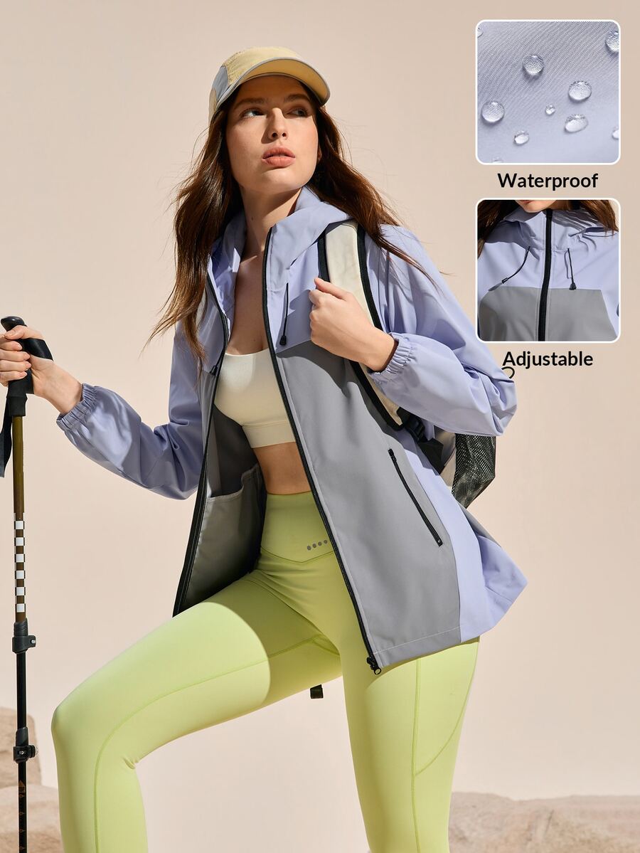 Exploreva Exploreva Women's Contrast Color Patchwork Hooded Outdoor Traveling Vacation Windbreaker Jacket Grey Summer Cowboy - Purple - View 1