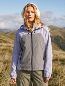 Exploreva Exploreva Women's Contrast Color Patchwork Hooded Outdoor Traveling Vacation Windbreaker Jacket Grey Summer Cowboy - Purple - View 3