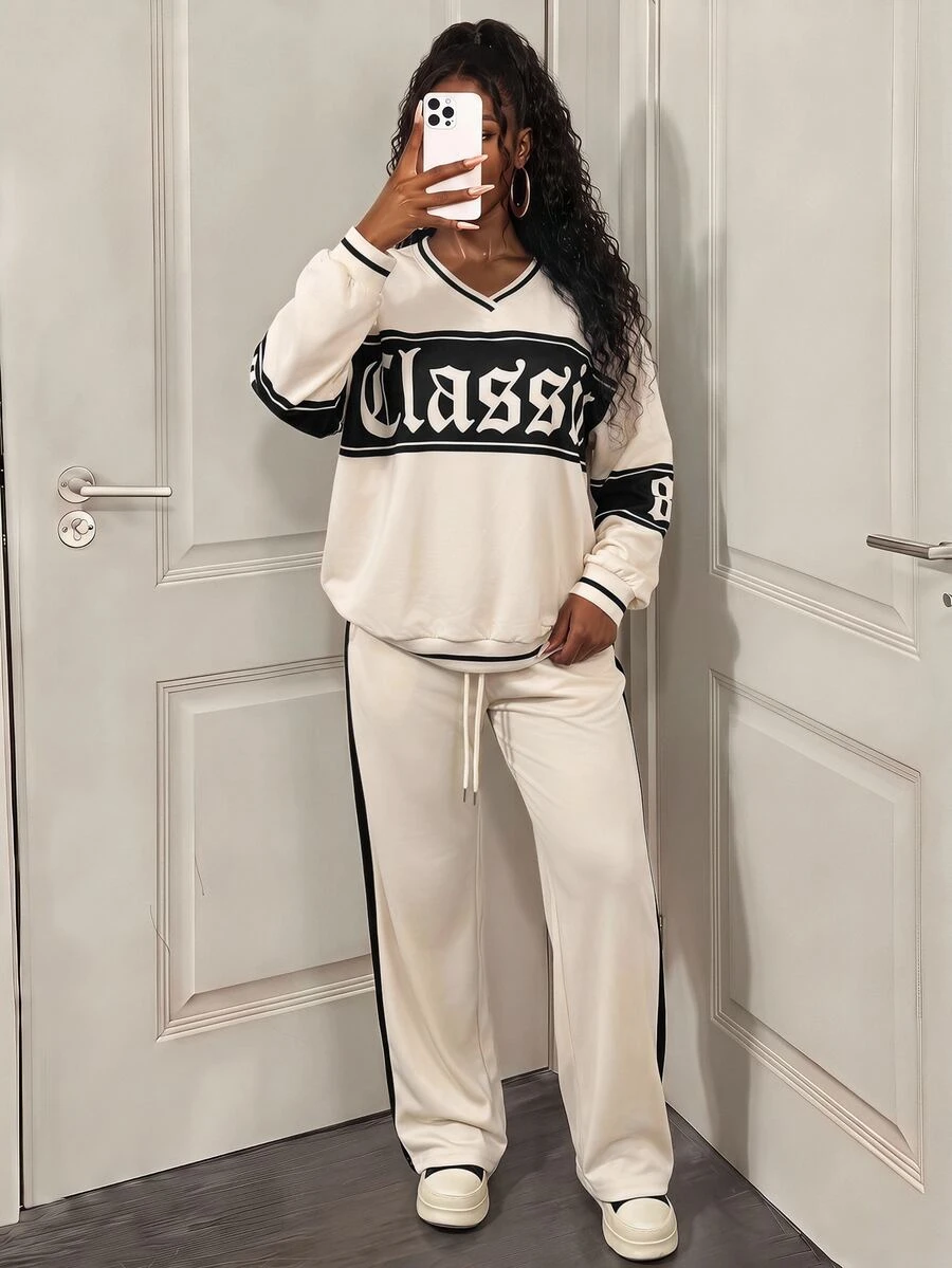 BamGleam Women's Autumn/Winter Casual Sports Long Sleeve Letter Print Apricot Sweatshirt