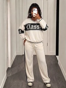 BamGleam Women's Autumn/Winter Casual Sports Long Sleeve Letter Print Apricot Sweatshirt - Apricot - View 5