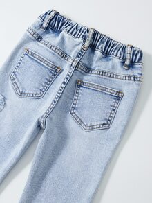 SHEIN Explorewe 少女時尚夏季刺繡牛仔喇叭褲，適合學校、校園、大學秋季穿搭 - 淺色水洗藍 - 查看 5