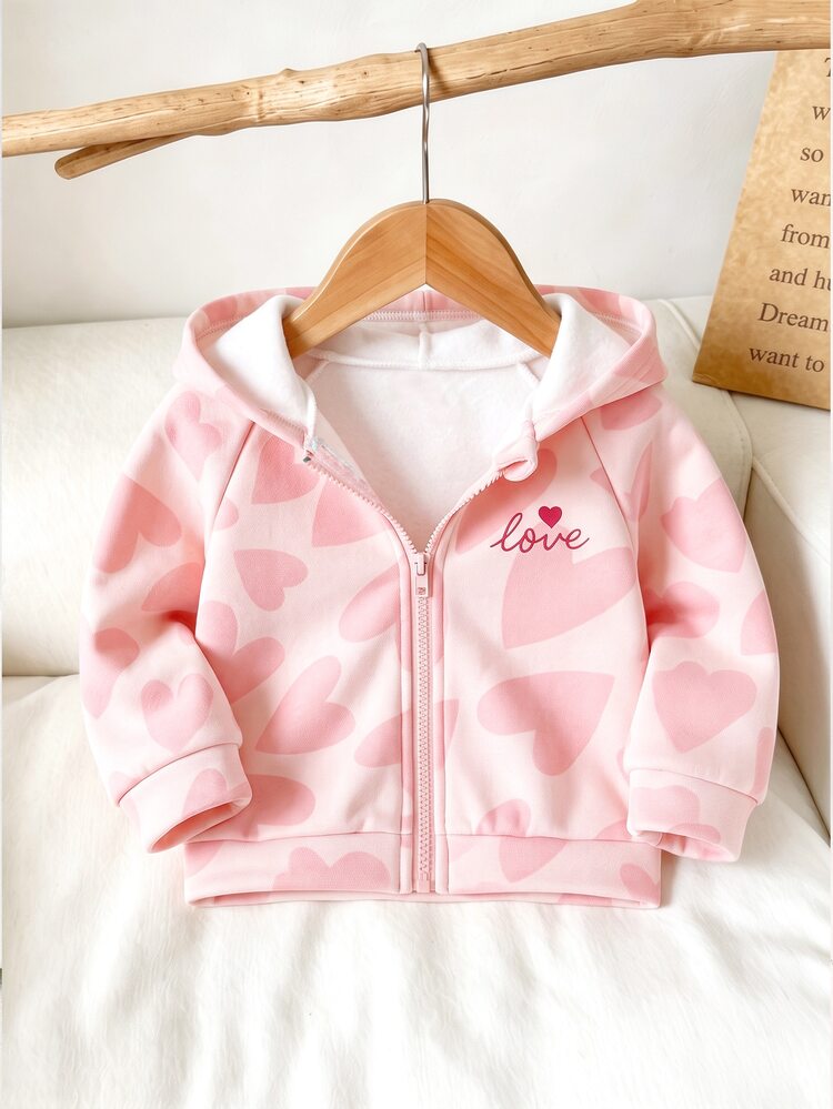 Baby Girls 1 Pc Fall Heart Print Zip-Up Hoodie, Long Sleeve Sweatshirt, Fall Clothes Winter Outerwear - Multicolor - View 5