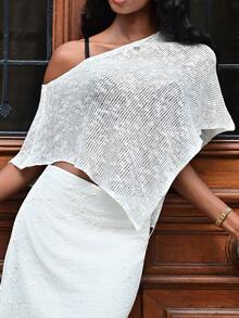 Mima John Women's Green Hollow-Out Minimalist Sheer Casual Vacation Style Knit Cover Up Cover Up, Summer - White - View 5