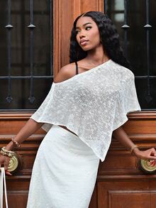 Mima John Women's Green Hollow-Out Minimalist Sheer Casual Vacation Style Knit Cover Up Cover Up, Summer - White - View 4