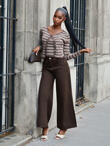 Mima John Women's Contrast Stripe Fitted Camisole & Long Sleeve Cardigan Casual Vacation Knit 2 Pieces Set, Spring/Autumn - Brown - View 3
