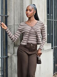 Mima John Women's Contrast Stripe Fitted Camisole & Long Sleeve Cardigan Casual Vacation Knit 2 Pieces Set, Spring/Autumn - Brown - View 4