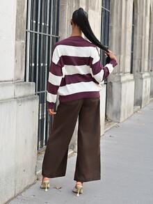 Mima John 女士休闲宽松V领落肩条纹骑士图案毛衣，秋冬 - 彩色 - 查看 2