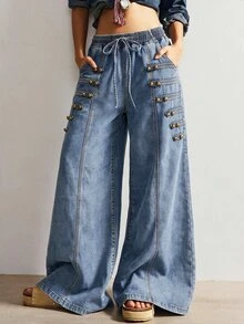 Bohemela Casual Solid Color Woven Wide Leg Women's Jeans - Light Wash - View 8