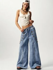 Bohemela Casual Solid Color Woven Wide Leg Women's Jeans - Light Wash - View 3
