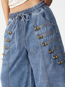 Bohemela Casual Solid Color Woven Wide Leg Women's Jeans - Light Wash - View 4